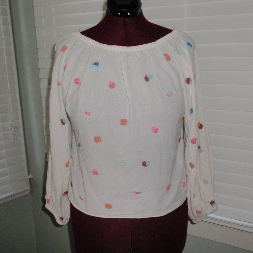 Paris Atelier Other Stories Beaded Polka Dots Long Sleeve White Blouse Sz 2 Top